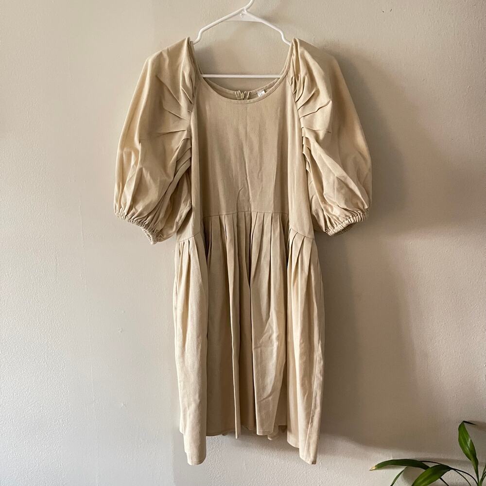CherryBlossoms Dress Cream Cotton Linen Pleated Babydoll Puff Sleeve Womens L